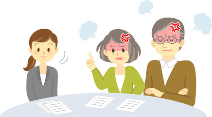 イラスト素材:クレーム対応をする場面　スーツを着た女性が老夫婦の話を聞く　相談　打ち合わせ
