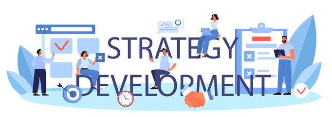 Strategy development typographic header. Business planning during