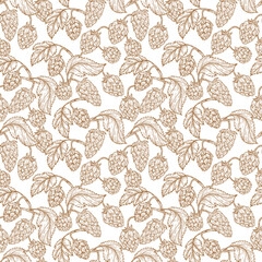 Hand drawn engraving style Hops Seamless pattern. Common hop or Humulus lupulus branch with leaves and cones. Floral background