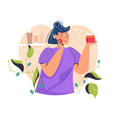 Cute young woman cleaning or moisturizing her skin. Everyday personal care, skin care, hygienic procedure. Teenager skin, allergy, acne, pimples, blackheads. Flat cartoon colorful vector illustration