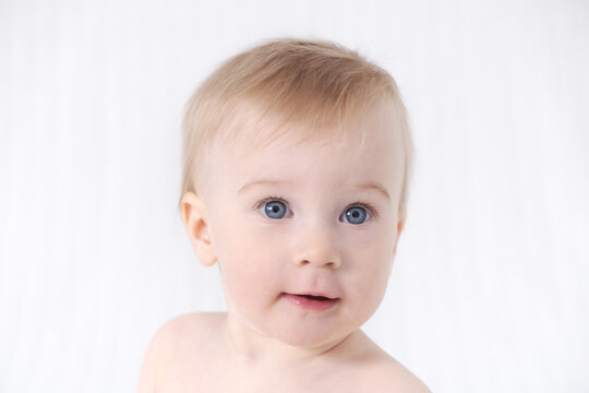Close-up of cute little adorable funny caucasian blonde topless baby girl or boy on white, light grey background, looking at camera.Healthy skin.Happy childhood concept