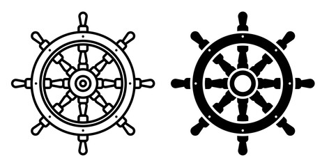 Steering wheel ship icon, fishing boat. Yacht management at sea. Simple black and white vector - obrazy, fototapety, plakaty
