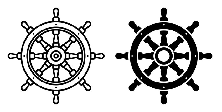 Steering wheel ship icon, fishing boat. Yacht management at sea. Simple black and white vector
