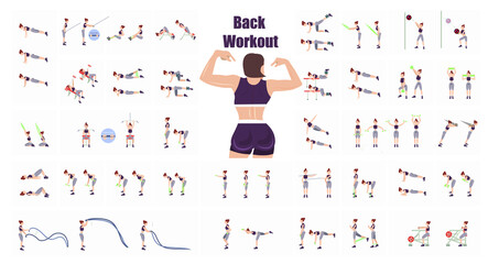 Girl fitness workout.  Fat burning workout. Full body exercises. Back exercises. Training with inventory. Toned body. Woman's back before and after weight loss. Vector illustration.