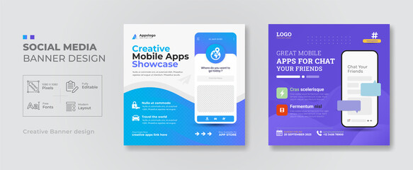 Creative Mobile apps promotion showcase social media post and web banner template, Corporate Business advertisement cover banner design layout	
