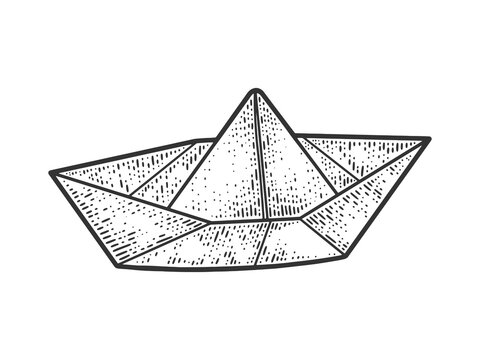 paper boat line art sketch engraving vector illustration. T-shirt apparel print design. Scratch board imitation. Black and white hand drawn image.
