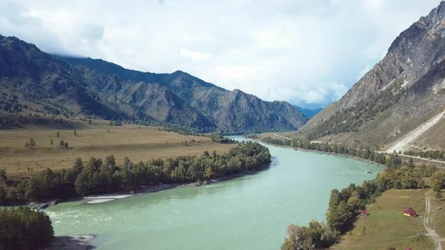 4K Aerial Footage Video of the Autumn Landscapes and Mountain River on the Chemal Tract in the Altai Mountains, Russia