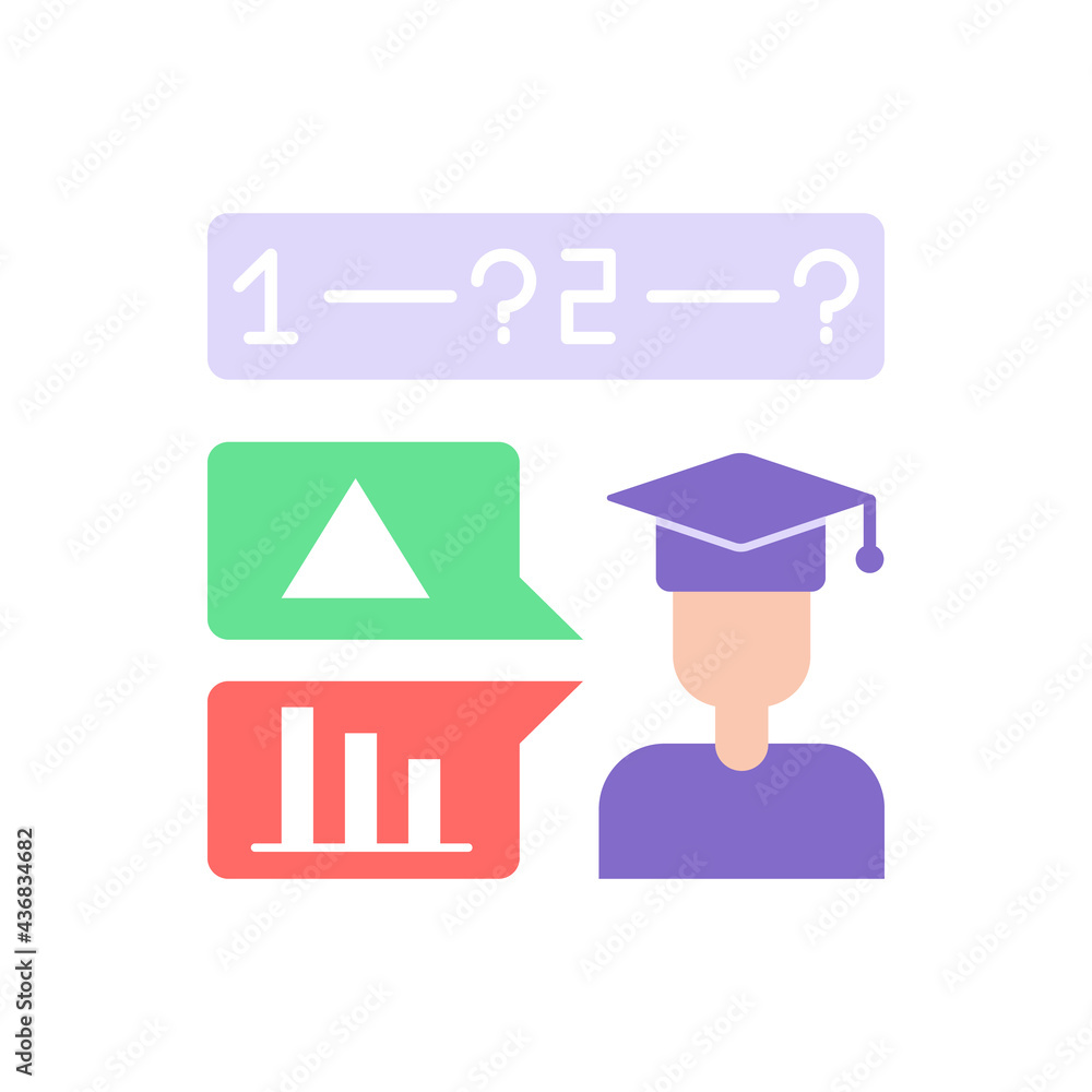 Poster student answers question vector flat color icon. math problem solution. education and studying. skil