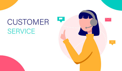 Customer service landing page. Call center assistant. Female operator advising clients. Perfect for support, call center, assistance. Vector illustration.