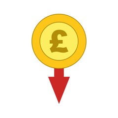 isolated Pound coin and British Pound sign with moving down red arrow icon,vector.