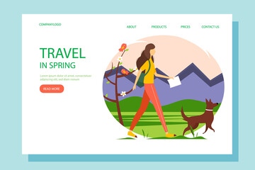 Landing page template. Woman walking with dog in the national park. Illustration for outdoor activities, travel, hiking. Spring illustration in flat style.