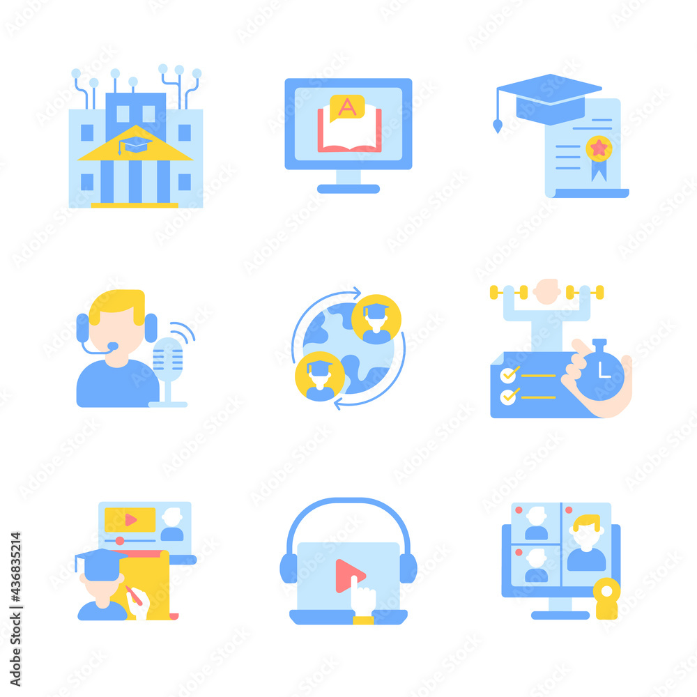 Poster distance studying vector flat color icon set. remote teaching. online education and tutorial on inte