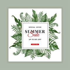 summer sale banner flyer with greenery tropical leaf watercolor