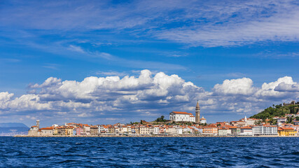 View from the sea of the picturesque town of Piran