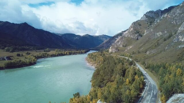 4K Aerial Footage Video of the Autumn Landscapes and Mountain River on the Chemal Tract in the Altai Mountains, Russia