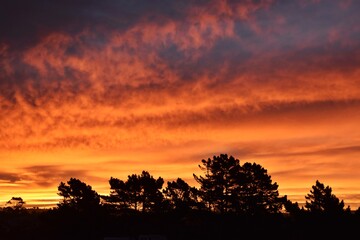 Fototapeta na wymiar New Zealand, stunning sunset panorama in Catlins. Beautiful nature moment with sky in the fire. 