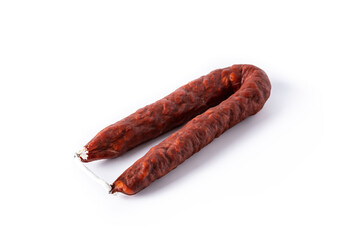 Spanish chorizo sausage isolated on white background	