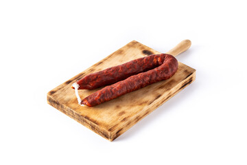 Spanish chorizo sausage isolated on white background	