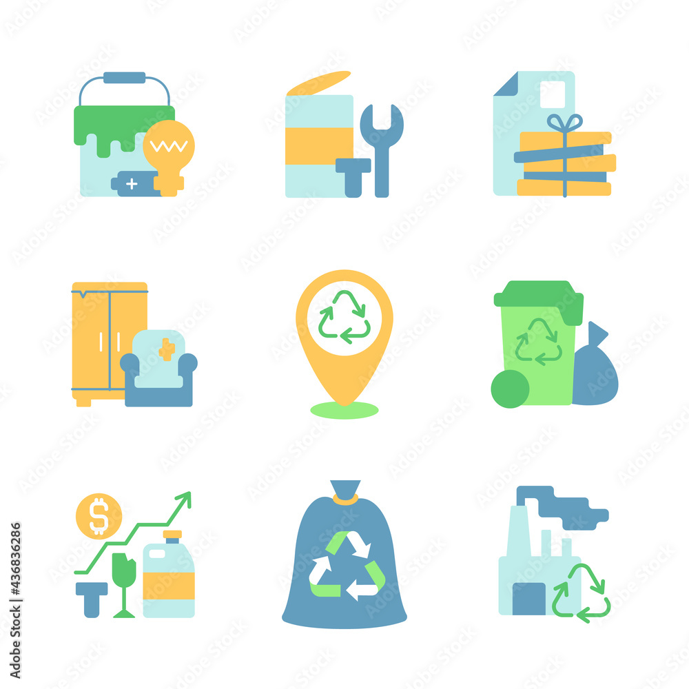 Poster recycling service vector flat color icon set. trash and waste management. garbage disposal. environm