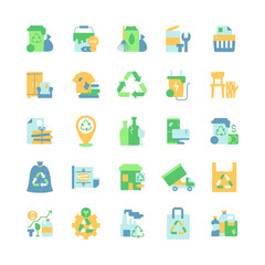 Waste management vector flat color icon set. Residential waste collection. Paper shredding. Bulky refuse. Cartoon style clip art for mobile app pack. Isolated RGB illustration bundle