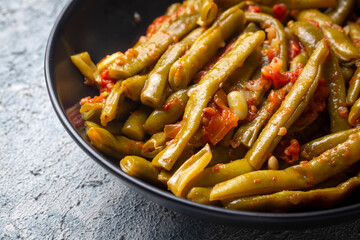 Traditional delicious Turkish food; Green beans with olive oil; Turkish name; Zeytinyagli taze fasulye