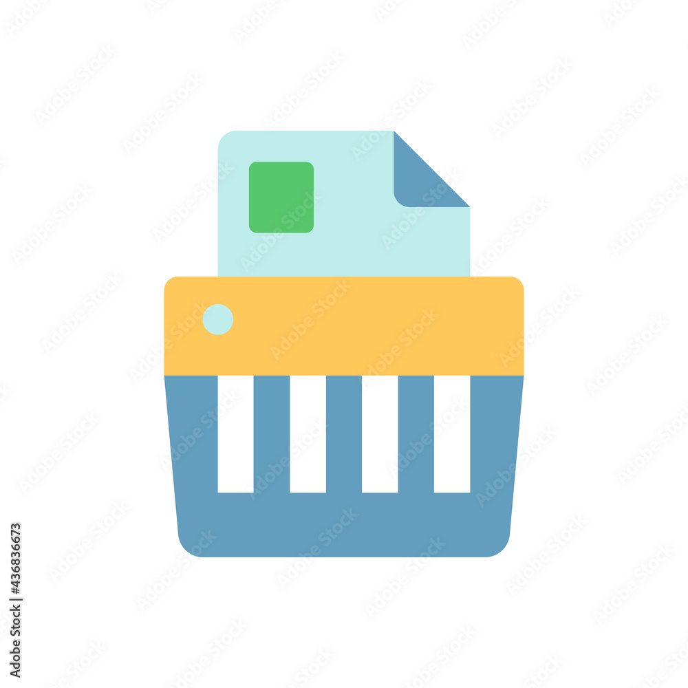 Poster paper shredding vector flat color icon. cutting paper into either strips, fine particles. mechanical