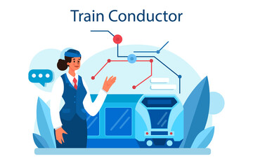 Train conductor. Railway worker in uniform on duty. Train attendant