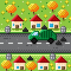 Garbage collection vehicles in the village pixel art. 