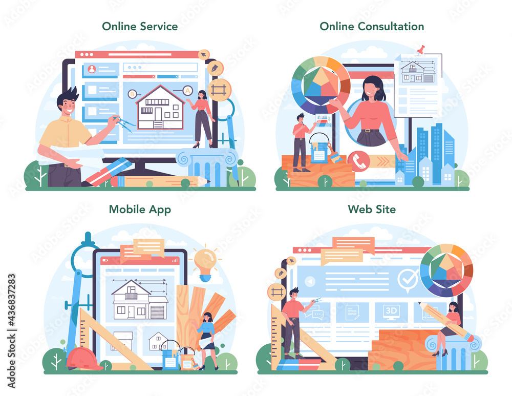 Poster architecture online service or platform set. idea of building project