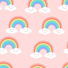 Seamless cartoon texture with rainbow and cute clouds on a pink background. Vector illustration for fabrics, textures, wallpapers, posters, stickers, postcards. Childish fun print. Editable elements.