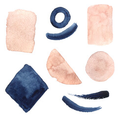 Abstract Watercolor arrangements in pastel colors. Navy blue, Blush, pink watercolor elements on white background. Abstract modern wall art. Print. Poster. Illustration