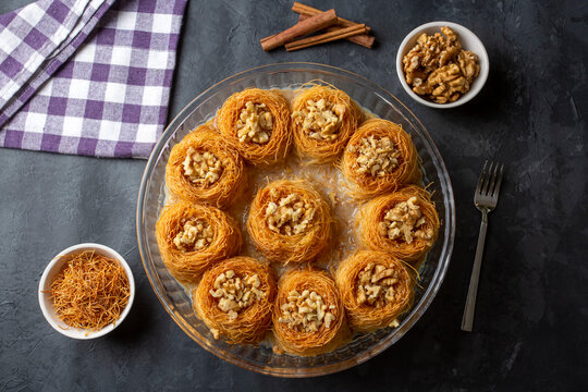 Traditional delicious Turkish food; walnut kadayif, Turkish name; kase kadayif