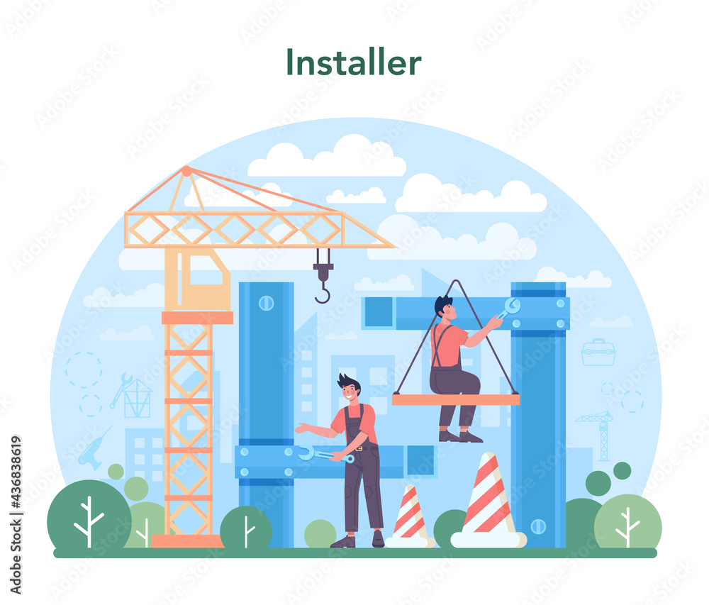 Poster installer concept. worker in uniform installing constructions.