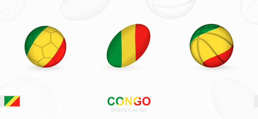 Sports icons for football, rugby and basketball with the flag of Congo.