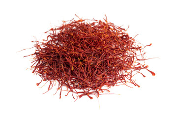 Fototapeta premium Dried Saffron threads. Oriental spices. Isolated on white background. High quality red threads from Iranian saffron.