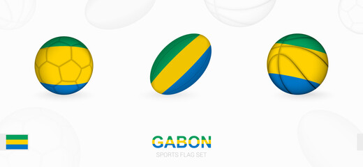 Sports icons for football, rugby and basketball with the flag of Gabon.