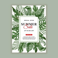 summer sale banner flyer with greenery tropical leaf watercolor