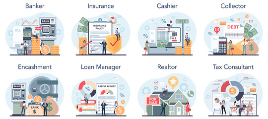 Financial profession set. Providing financial operations and commercial