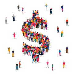 A large group of people stands in the shape of a dollar sign. American currency concept. Crowd.