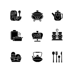 Trendy tableware black glyph icons set on white space. Specially designed kitchenware. Forks, knives and spoons for dinning. Bread basket for home. Silhouette symbols. Vector isolated illustration