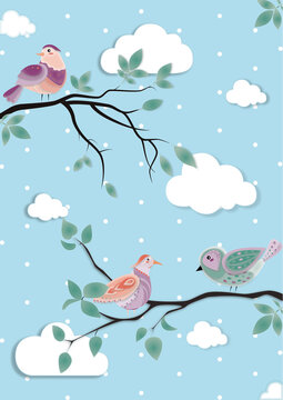 Birds in the clouds, bright birds, cute birds, nature, birds, sky,  clouds, blue, day, leaves, trees, drawing, art