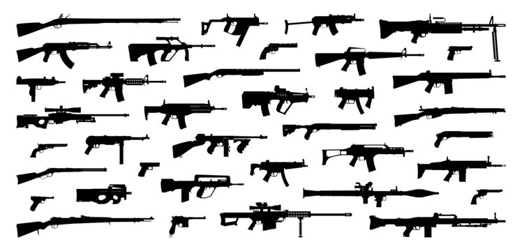 Weapons silhouette set. Collection of various realistic firearms. Assult rifles, sniper rifles, shotguns, handguns, machine guns, historical guns & other. Vector illustration