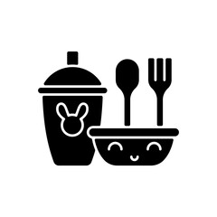 Kids dinnerware black glyph icon. Plates created for children to eat comfortably. Learning how to eat. Rubbered plastic forks and spoons. Silhouette symbol on white space. Vector isolated illustration