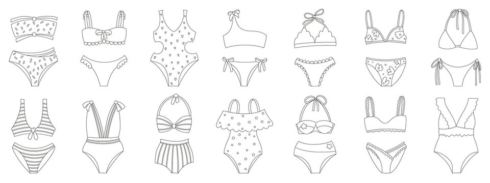 Collection of silhouettes of women swimwear isolated on white background. Set of different types of swimsuits or bikini tops and bottoms. 