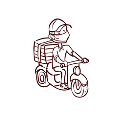 A young guy with pizza boxes rides a scooter.Courier. Deliveryman. Work for a teenager. Teenager work on vacation. Hand drawn cartoon vector.