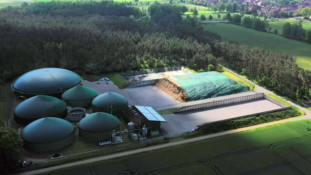 Aerial view of a biogas plant for the production of electrical energy from organic waste and agricultural residues