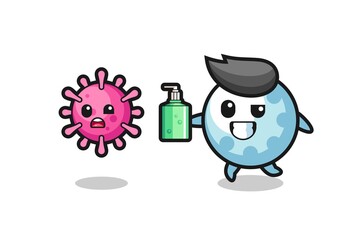 illustration of golf character chasing evil virus with hand sanitizer