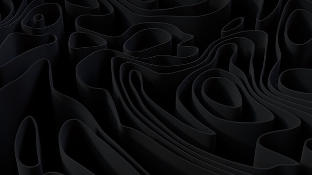 Black 3D Ribbons form a Dark abstract background. 3D Render.  