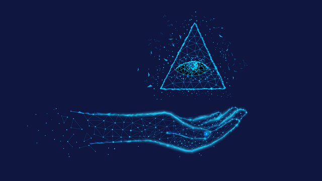  Polygonal pyramid with Eye of Providence on  Polygonal hand. Blue background