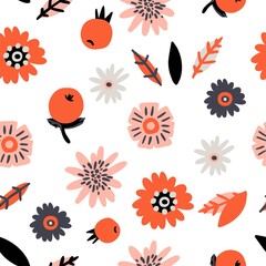 Cute cartoon flowers and leaves seamles pattern. Colorful doodle hand drown flowers and leaves isolated on white background. Textile vector print design